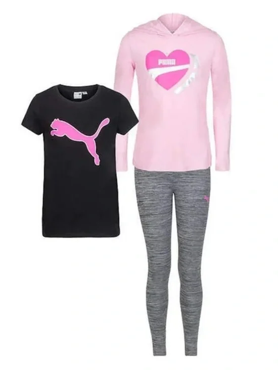NWT Puma Girls 3-Piece Activewear Set - Pink Heart Hoodie & Leggings - XXS (3/4)