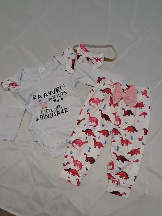 NWT 3pc Set Sz. 3-6mth Baby Dinosaur Print Outfit Set with Pink Bow