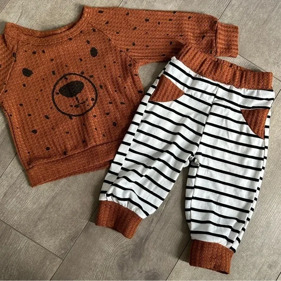 Boutique Baby Boy Thermal Bear Long Sleeve & Matching Striped Jogger Pants 3-6M