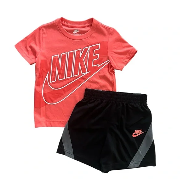 Nike Boys 2PC Outfit Set Size 3T Coral Logo T-shirt & Black Athletic Shorts NWT