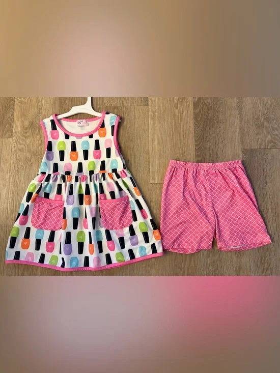 Girls Ice Pop Print Dress & Pink Shorts Two-Piece Set