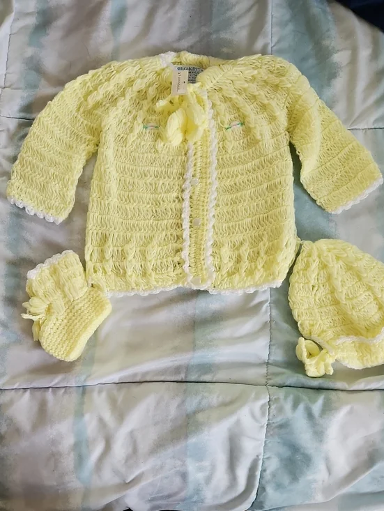 NWT Vintage Lo-Knit Yellow Baby Sweater, Hat, Booties Set