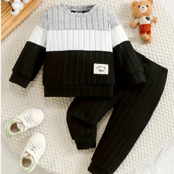 Toddler Boys 2PC Autumn Knit Long Sleeve Top with Elastic Waistband Ribbed Pants