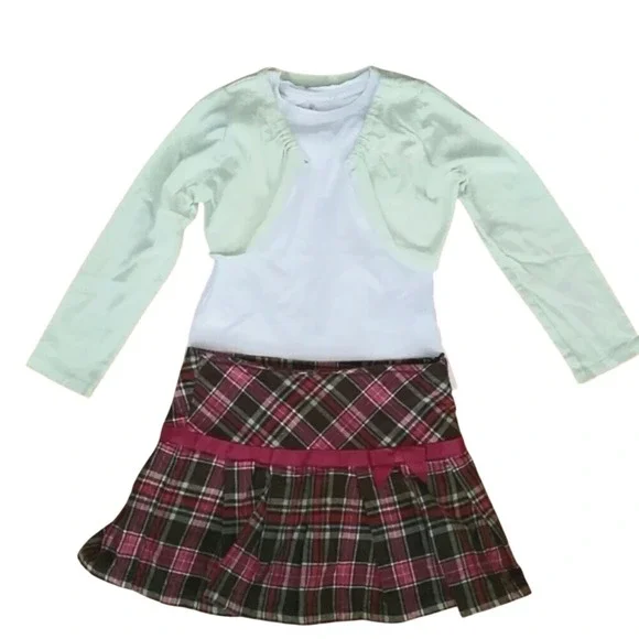 Gymboree Girls Pink‎ & Green Flannel Plaid Skirt with White Shirt & Green Bolero