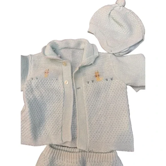 Vintage Renko's Imports Italy Baby Knit Set Blue Cardigan Pants‎ Bonnet Orlon