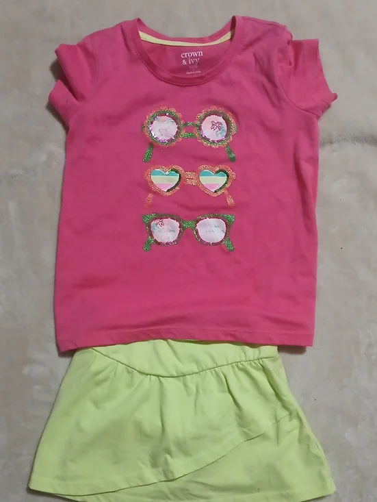 crown & ivy Pink and Lime Girls Matching Set - Sunglass Graphic Tee & Skirt
