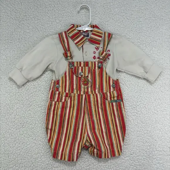 Vintage Striped‎ Hippie Boho Overalls Shortalls Set Flower Baby Girl 90s Y2K