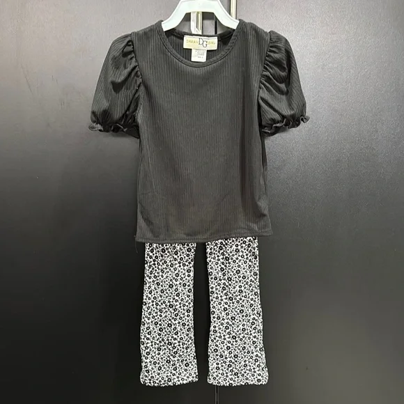 Dream Girl 2 pc.set,ribbed puffed elastic ruffle sleeve top, flare bottom pants