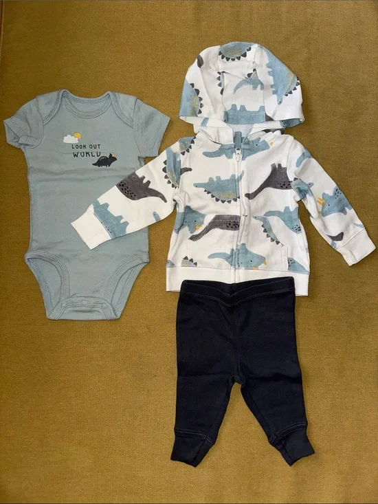 Carter's Blue and White Dinosaur Hoodie, Blue Bodysuit & Navy Pants Set