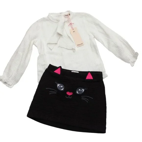 Mauve Girls 4T Cream Cotton Tie Neck Blouse Children's Place Cat Skirt Outfit