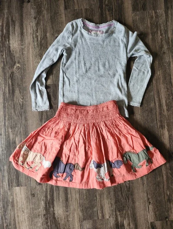 Mini Boden Coral Skirt with Horse Appliqués And Grey Long Sleeved Shirt