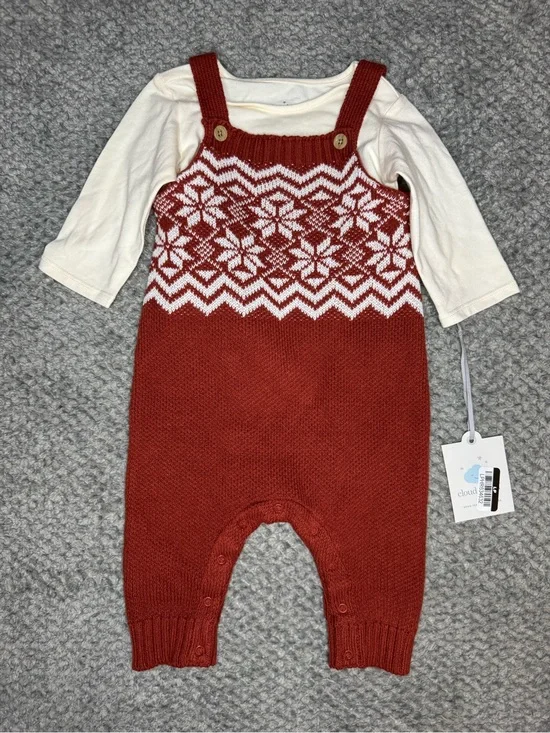 Cloud Island Unisex Baby’s 2pc Long Sleeve Top & Knit Overalls - White/Red 0-3M