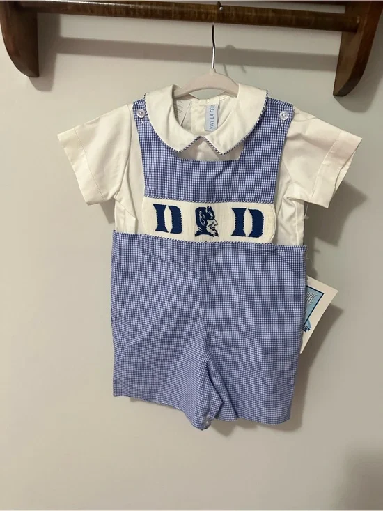 NWT Vive La Fete Duke Blue Gingham Smocked Boys' Jon Jons with White Shirt