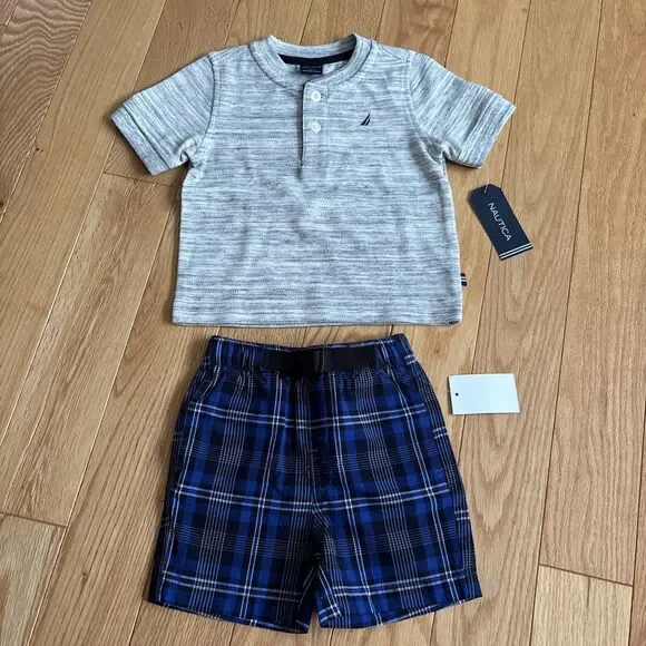 Nautica Infant Boys 2-Piece Blue/Black/White Plaid Shorts Heather Shirt Sz 12M