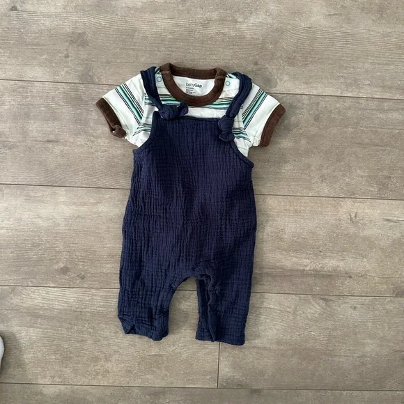 Vintage GAP Stripe Bodysuit & Chick Pea Overalls Baby Boy Matching Outfit 0-3 M