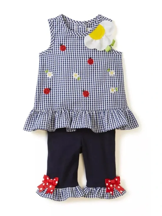 Rare Editions Navy Gingham Tank and Leggings with Red Ladybugs and White Daisy