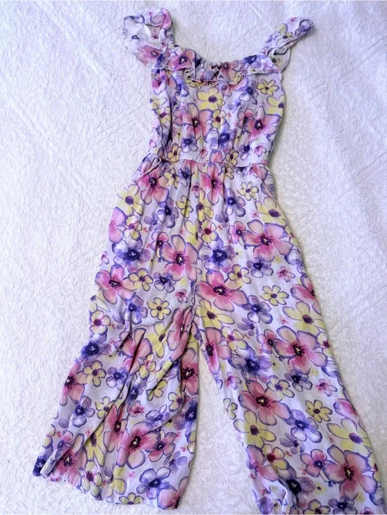 Size 10 Girls Justice Lavender Floral-Trim Jumpsuit