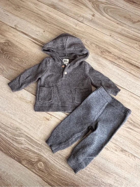 Cozy Grey Knit Kids Matching Set with Hoodie
