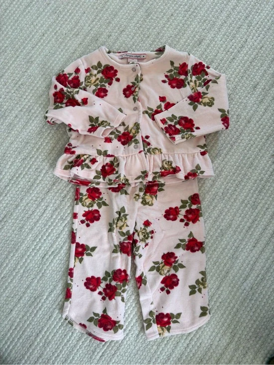 Konges Floral Pink Kids Velour Set with Red Rose Print