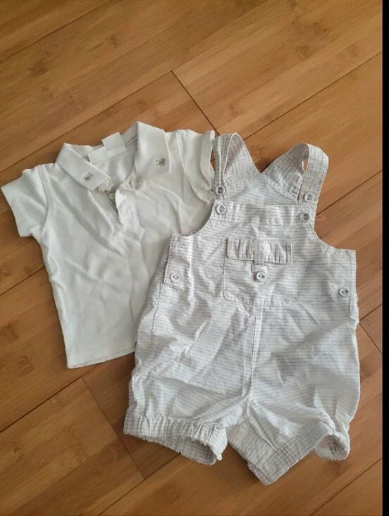 FAO Swarsz White Polo Tee & Overalls Set - 3-6m