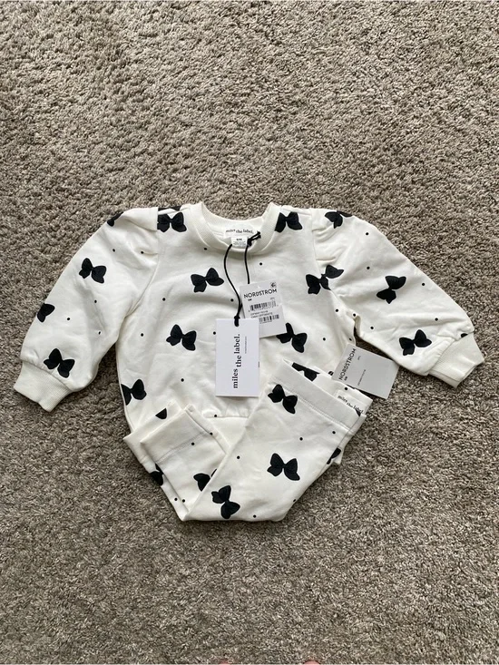 New Mille the Label Kids Cream Matching Set with Black Bow Print