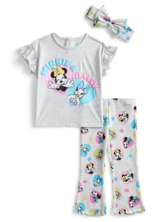 Minnie & Daisy Baby Girls Ruffle Top & Flare Leggings w/ Bow Headband Set, 0-3M