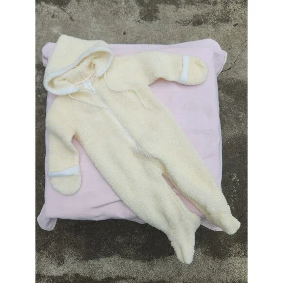 VTG Health-Tex Fleece Baby Hooded Romper Pastel Yellow & White Striped 6-12 Mos