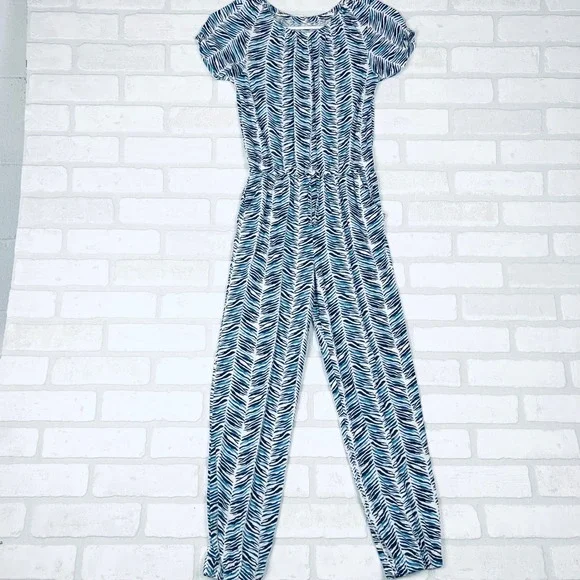 Old Navy Girls Blue White Zebra Print Short Sleeve Jumpsuit Size L 10-12