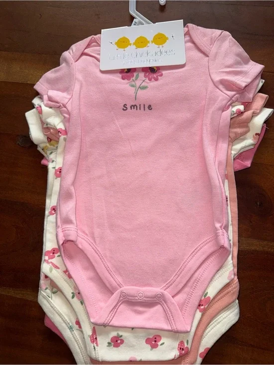 Little‎ Chickadees Pink Floral 'Smile' Baby Bodysuit Set