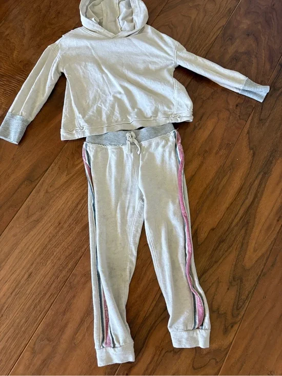 Splendid Light Gray Hooded Sweatshirt and Jogger Set with Pink Trim