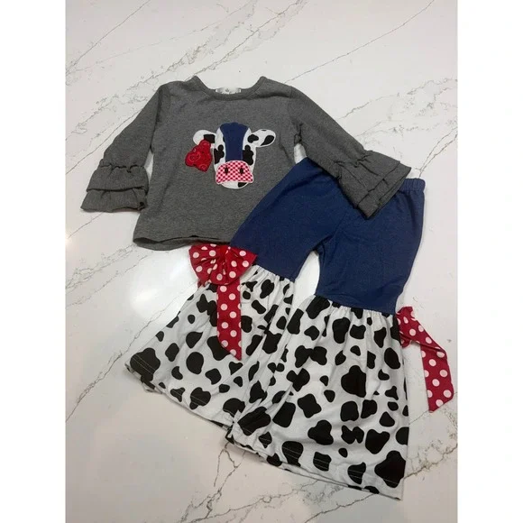 Marie Nicole Kids XS Cow Print Bell Bottom Set Grey Ruffle Top Red Bows Western