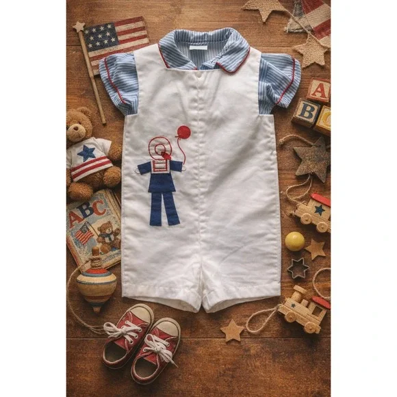 VTG Little One Johnston Patchwork Applique Jumper Romper Sz 4‎ Red White Blue