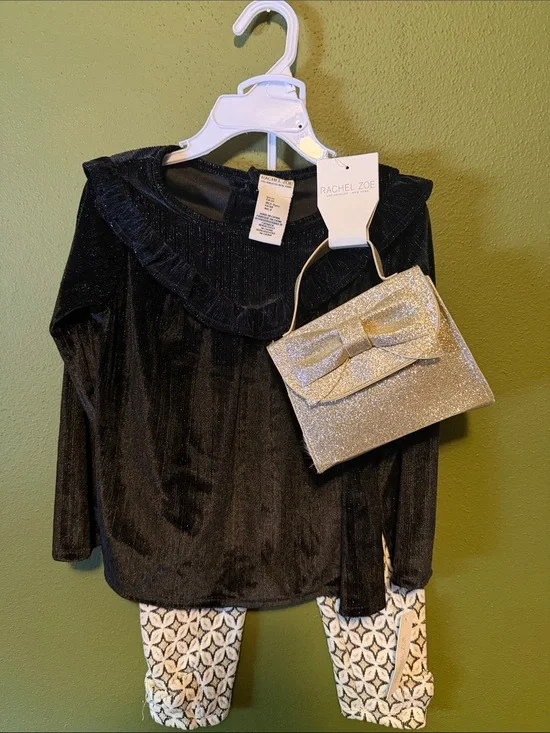 Rachel Zoe Black Velvet Ruffle Top with Gold Glitter Bow Handbag