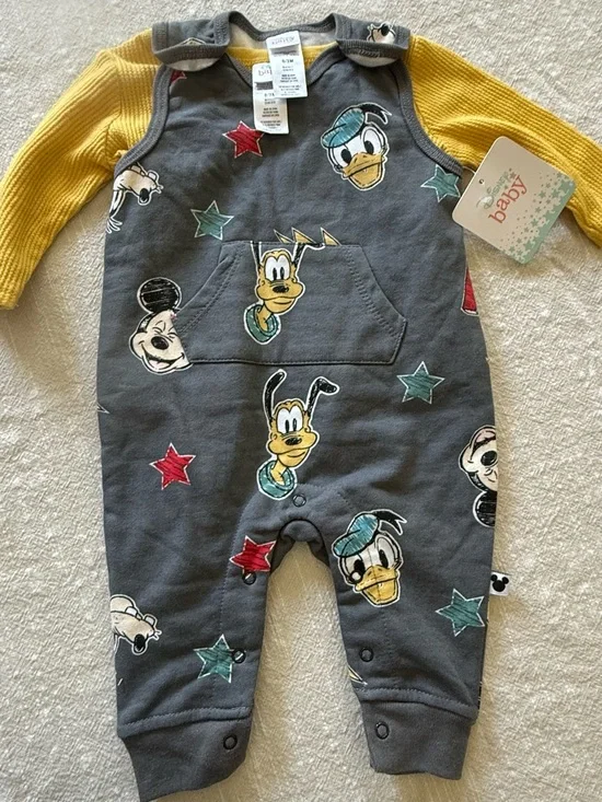 Disney Baby Gray Romper with Yellow Trim and Multi-Character Prints