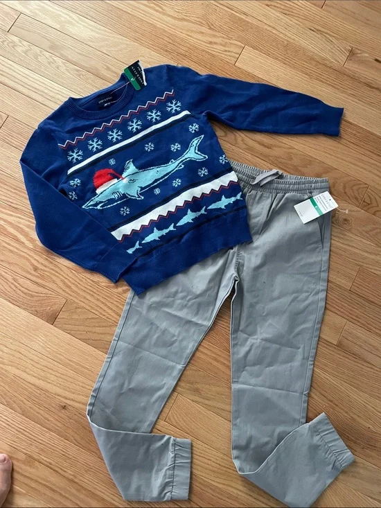2pc Andy & Evan boys outfit size 8 gray pants blue holiday sweater nwt