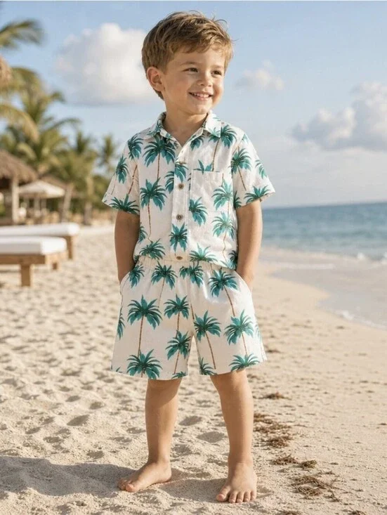 Palm Tree Print Shirt & Shorts Set NWT Vacation Beach Travel Size 4T Kids Boys
