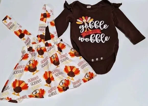 Thanksgiving Outfit Bodysuit and Skirt 6-9m Baby Girl Gobble Til You Wobble
