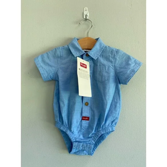 NWT Wrangler Baby Toddler Blue Chambray Short Sleeve Shirt Buttons 9M