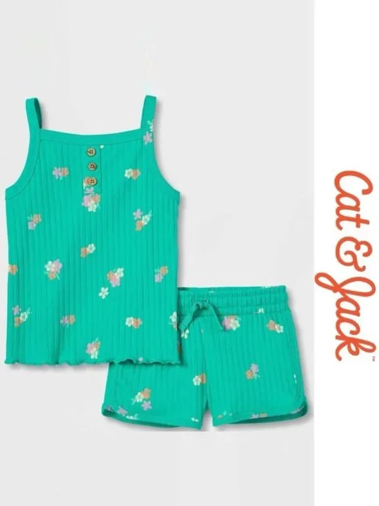 Cat & Jack | Green & Pink Floral Ribbed Tank Top and Shorts Set | Size 18 Months