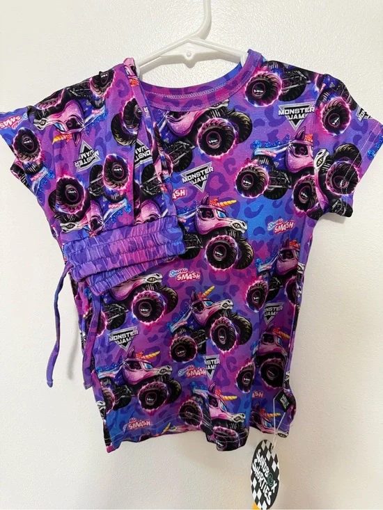 Girls' Bamboo Purple Monster Jam Short Sleeve Jogger Set
