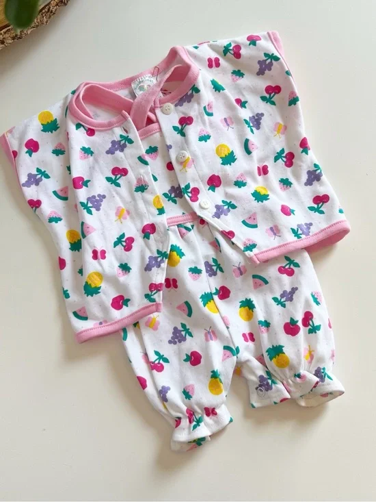 Vintage Toddletime Fruit Overall Bubble Romper & Cardigan 2 Piece Set | 6-9m