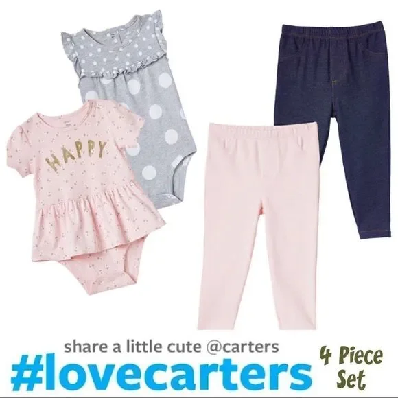 NEW! CARTER’S Girls 4 Pc Happy Peplum Bodysuit Pant Set- Pink, Grey & Blue Denim