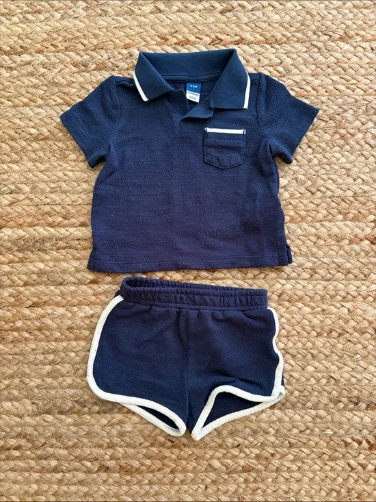 Old Navy navy blue white matching knit set, 3-6M