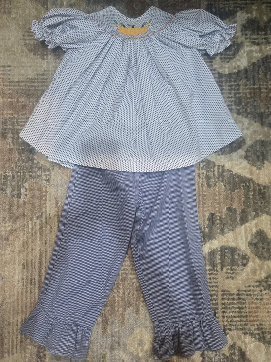 Girls Blue Gingham Smocked Top & Pant Set with Pumpkin Detail
