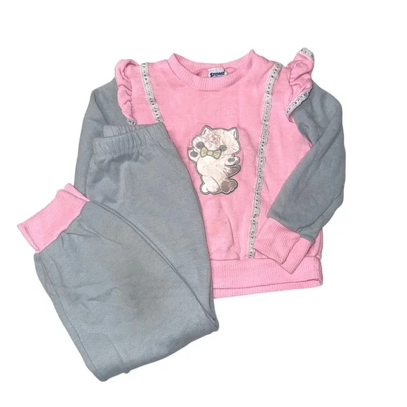 Vintage Stone Apparel Girls Pink‎ Grey Kitten Ruffle Sweat Suit Set Size 5-6 USA