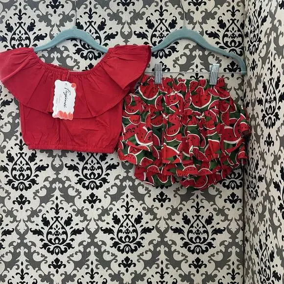 Fayimei Baby Girl Set | 12–18M (80)| Red Ruffle Top & Watermelon‎ Bloomers