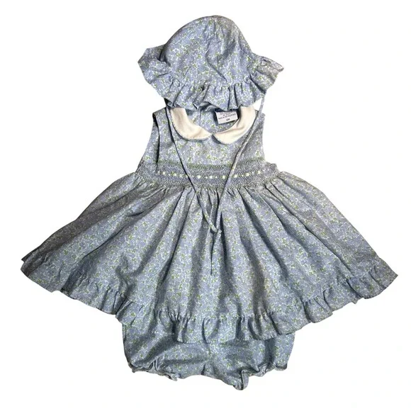 VTG Carriage Boutiques Baby Girls Blue Floral Smocked Dress‎ Bloomers Hat Set 9M