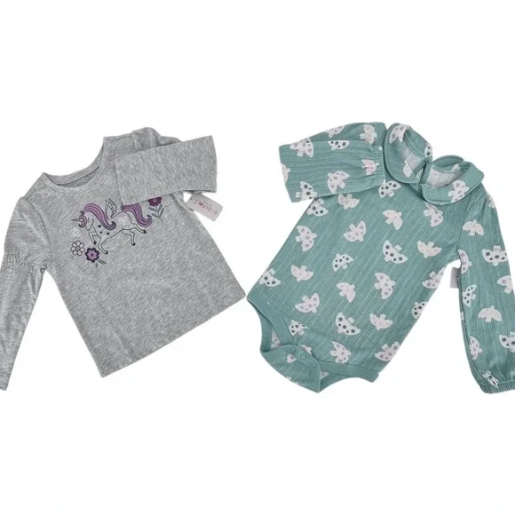 Garanimals Top Bodysuit Set Girls 2T 24M Grey Green Unicorn Bird Ribbed NEW