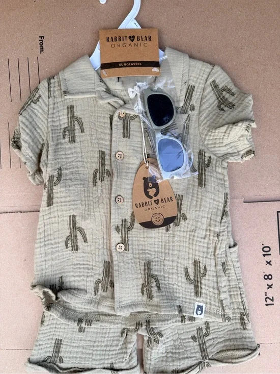 Rabbit & Bear Organic Kids Sage Cactus Button-Down Short Set with Sunglasses