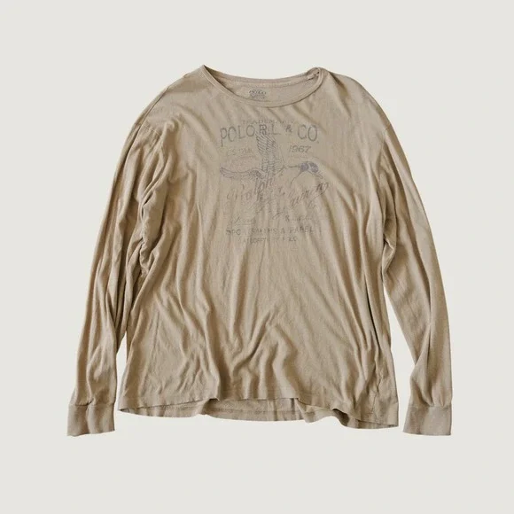 Polo Ralph Lauren Graphic T-Shirt Mens Tan Duck Print Rugged XXL Long Sleeve